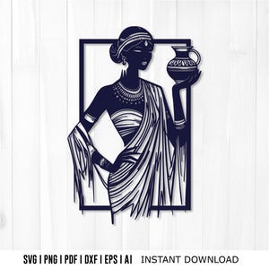 May include: A navy blue silhouette of a woman in traditional attire, holding a vase. The artwork is framed within a dark square, with intricate details in the clothing and jewelry. The image includes the text "SVG | PNG | PDF | DXF | EPS | AI | INSTANT DOWNLOAD".