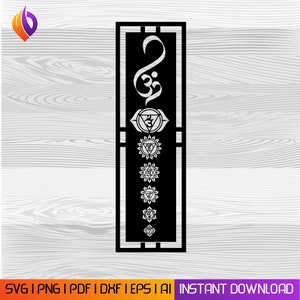 May include: Black and white illustration of the seven chakras, with the Om symbol at the top, inside a rectangular frame.