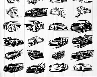 Supercar Silhouette SVG Bundle, Retro Sports Car Clipart (Laser Cut Files)