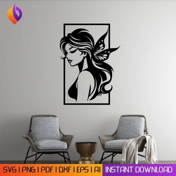 Butterfly Fairy minimalist wall art svg, dxf, EPS, AI and Pdf files, plasma cut file, Glowforge files, Metallic & Wood CNC machine dxf
