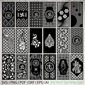 Puede incluir: Una colección de paneles decorativos en blanco y negro con diseños intrincados. Los paneles muestran varios patrones, incluyendo motivos florales, formas geométricas y símbolos religiosos como el símbolo Om y la Swastika. El texto "SVG | PNG | PDF | DXF | EPS | AI | INSTANT DOWNLOAD" está en la parte inferior.
