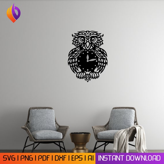 Owl geometric Wall clock Art dxf, svg, eps,ai and pdf files for laser cutting. plasma art dxf, aser , Glowforge files Metalic CNC dxf