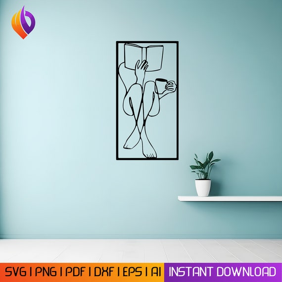 woman book coffe Exotic Wall Art, laser cut svg dxf files wall sticker engraving decal silhouette template cnc cuting router digital vector