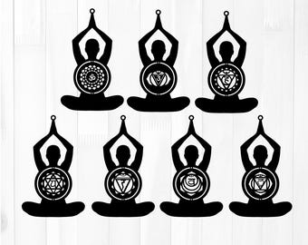 Paquete de arte mural de yoga de 7 chakras en formato DXF / Decoración de meditación cortada con láser / Archivo de corte CNC para madera, MDF y metal / Mandala de chakras espiritual para colgar en la pared /