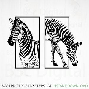 Puede incluir: Impresión artística de cebra en blanco y negro en dos paneles. Un panel muestra la cabeza y la parte superior del cuerpo de una cebra, el otro muestra una cebra inclinada. Incluye el texto "SVG | PNG | PDF | DXF | EPS | AI | INSTANT DOWNLOAD."