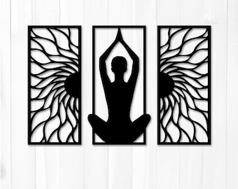 Yoga Meditation Triptych SVG | Sun Mandala CNC Cut File (Digital Download)