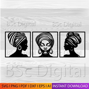 Può includere: Tre ritratti in bianco e nero di donne con copricapo e orecchini a cerchio. Ogni ritratto è incorniciato in un quadrato nero. L'immagine include il testo "BSc Digital" e "INSTANT DOWNLOAD".