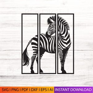 May include: A black and white zebra silhouette art piece, divided into three panels. The zebra is depicted in a side profile, showcasing its distinctive stripes. The artwork includes the text "SVG | PNG | PDF | DXF | EPS | AI | INSTANT DOWNLOAD".