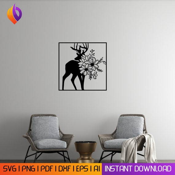Deer floral wall art svg,dxf, Eps,AI and PDF files, plasma cut file,wall art dxf, Glowforge files Metalic & Wood CNC machine dxf, laser cut
