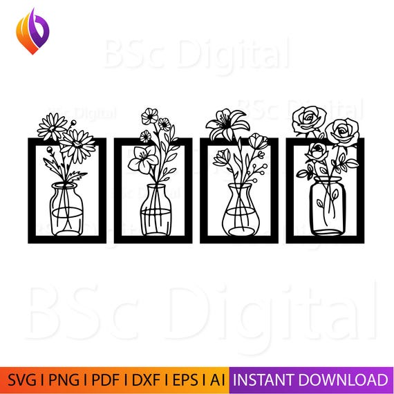 4 Pieces Flower Wall Decor | Plant Design SVG PNG DXF | Minimalist Vase Laser Cut Wall Art | Black Tulip dxf, Laser Cut, Cricut, Glowforge