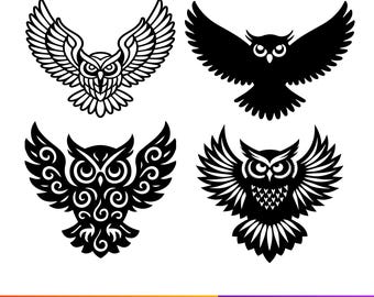 Paquete de archivos SVG de búhos / 4 archivos DXF de búhos volando para corte láser / Arte mural de búhos / Descarga digital para Glowforge, Cricut, LightBurn, fresadora CNC y sierra de calar