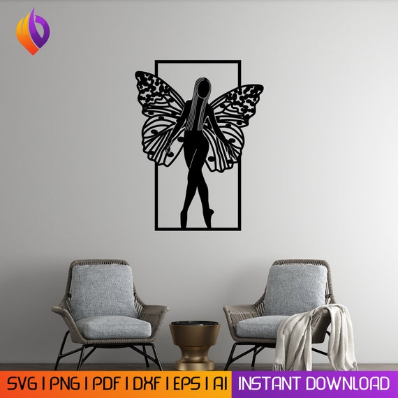 Butterfly Fairy minimalist wall art svg, dxf, EPS, AI and Pdf files, plasma cut file, Glowforge files, Metallic & Wood CNC machine dxf