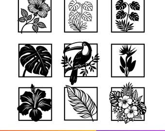 Tropical Wall Art DXF File, Hibiscus Monstera Toucan Collection, Botanical Laser Cut Design Digital Download