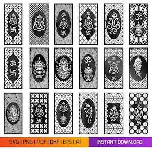 Pode incluir: Uma coleção de dezoito painéis digitais retangulares em preto e branco com padrões complexos de estilo corte a laser, incluindo Ganesha, o símbolo Om, suásticas e potes kalash, com o texto SVG, PNG, PDF, DXF, EPS, AI.