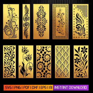 May include: A collection of ten decorative panels with intricate black floral and geometric designs on a gold background. The panels vary in shape and pattern, suitable for laser cutting or similar applications. The bottom of the image includes the text "SVG | PNG | PDF | DXF | EPS | AI INSTANT DOWNLOAD".