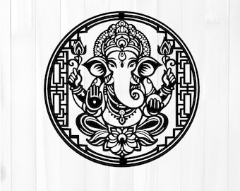 Decoración de pared de Ganesha: Dios hindú redondo cortado con láser Glowforge, templo SVG DXF para CNC
