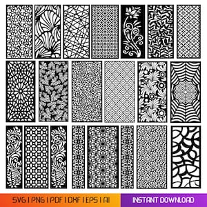 May include: A selection of black decorative panels featuring detailed cut-out patterns. Designs include floral, geometric, and abstract motifs. The image includes file format options and the text "INSTANT DOWNLOAD" at the bottom.