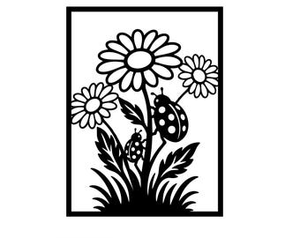 Daisy Floral Laser Cut File, Ladybug SVG Botanical Wall Art, DXF Design for CNC Projects