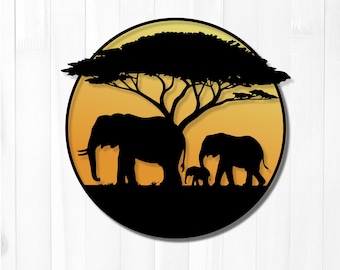 Elephant Family Safari SVG | Acacia Tree Wildlife Cut File (Digital Download)