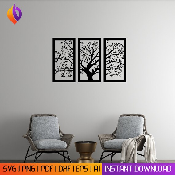 Tree Panel Wall Art dxf 3 piece , svg, eps,ai and pdf files for laser cutting. plasma art dxf, aser , Glowforge files Metalic CNC dxf
