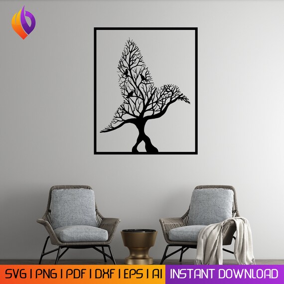 bird tree branches Wall Art decor dxf, svg, eps,ai and pdf files for laser cutting. plasma art dxf, aser , Glowforge files Metalic CNC dxf