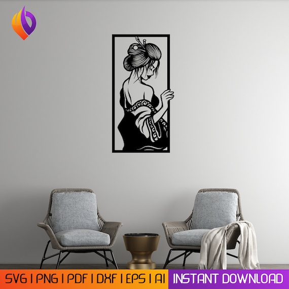 Japanese kimono suite woman laser cut png svg dxf files wall sticker engraving decal silhouette cnc cutting ,digital vector instant download