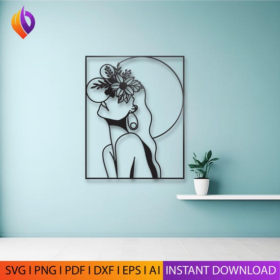 Woman floral line art frame Wall Art dxf, Wall svg, eps, ai and pdf files  laser cutting. plasma art dxf, aser , Glowforge Metalic, CNC, dxf