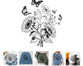 Sunflower Bouquet SVG | Butterflies, Bees, Wildflowers Cut File (Digital Download)