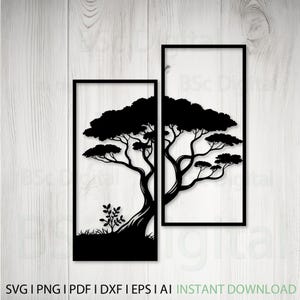 May include: Black metal tree wall art in two rectangular frames. The tree silhouette features a thick trunk, branches, and a full canopy. The bottom of the left frame shows grass and small plants. Text at the bottom reads "SVG I PNG I PDF I DXF I EPS I AI INSTANT DOWNLOAD."