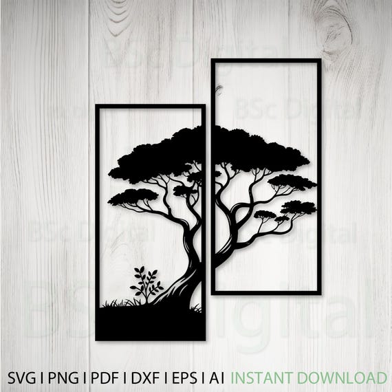Tree Panel Wall Art dxf 2 piece , svg, eps,ai and pdf files for laser cutting. plasma art dxf, aser , Glowforge files Metalic CNC dxf