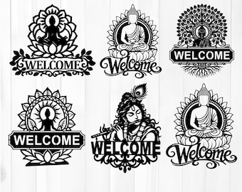 Spiritual Welcome Sign SVG Bundle | Buddha, Krishna, Lotus Door Hanger (Digital Download)