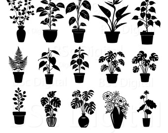Paquete de imágenes SVG de jarrones florales, imágenes prediseñadas de siluetas botánicas (descarga digital)
