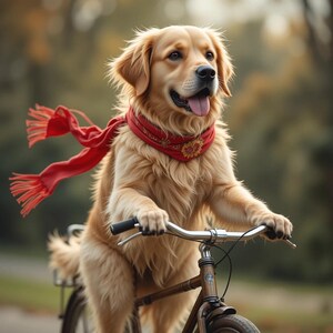 May include: A golden retriever dog wearing a red scarf with a floral design is riding a bicycle. The dog is sitting on the seat and holding the handlebars with its paws.
