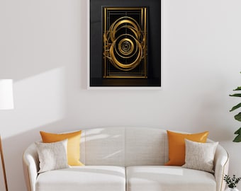 May include: A framed abstract art piece with a black background and gold concentric circles. The artwork is displayed above a white sofa with orange and gray pillows. A round woven rug and two white side tables complete the living room setting.