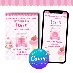 Puede incluir: Invitación a una fiesta de cumpleaños rosa y blanca con una ilustración de acuarela de helado, pastel y una cereza. El texto dice "Helado, pastel y mucha alegría, hagamos de este el año más dulce de Lexi!" y "Sábado 13 de junio, 1:00-5:00 en casa de Lexi."