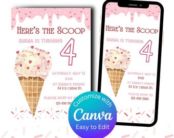 May include: Pink and white ice cream cone birthday invitation with the text "Here's the Scoop Emma is turning 4" and details for a party on Saturday, May 15th at 5:00 PM. The invitation includes the address "34 Ice Cream St." and a phone number to RSVP.