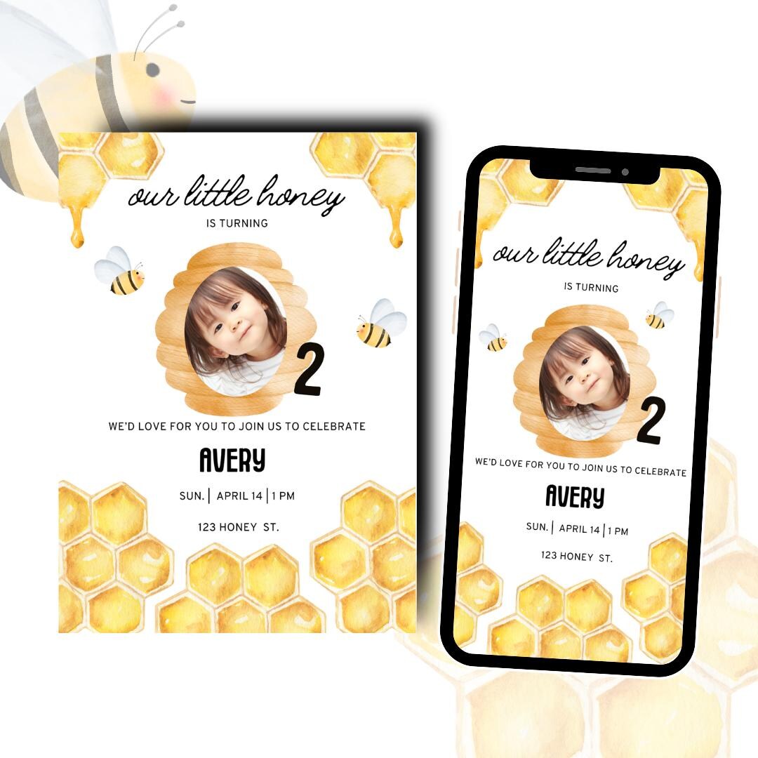 Little Honey Bee Birthday Photo Invite: Editable Canva Template ...