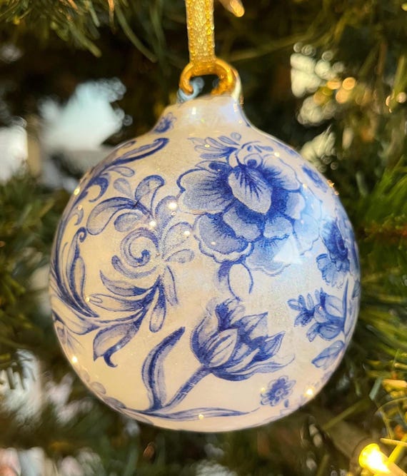 Blue and White Glass Ornaments with 24K Gold Leaf, Personalize Ornament