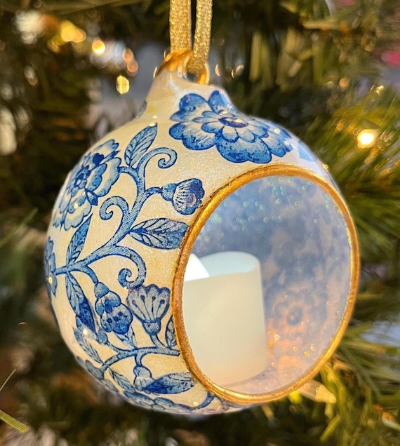 Blue and White Glass Ornaments with 24K Gold Leaf, Personalize Ornament