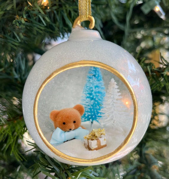 Baby's First Christmas Glass Ornament, Blue Ribbon Teddy Bear