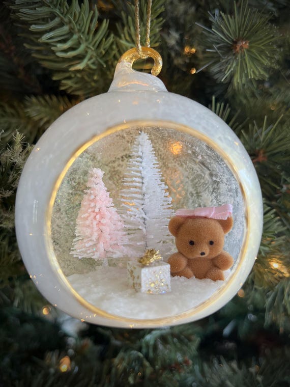 Baby's First Christmas Glass Ornament, Pink Teddy Bear
