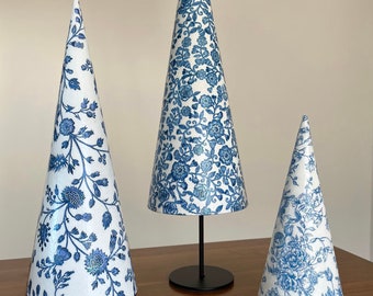 Blue and White Chinoiserie Style Christmas tree decor, Home Decor cone trees, Chinoiserie Cone trees