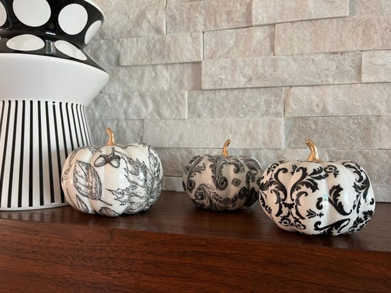 Decoupaged Pumpkin: Black and White Pumpkins, Gold Leaf Stem