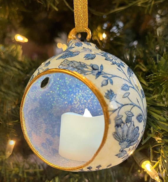 Blue and White Glass Ornaments with 24K Gold Leaf, Personalize Ornament