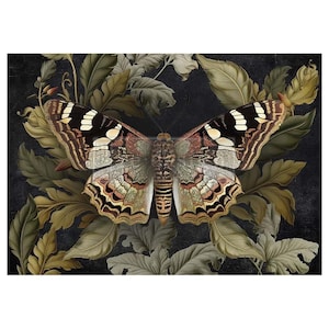 May include: An illustrated moth with detailed wing patterns in brown, black, and cream tones. The moth is set against a backdrop of stylized green and grey leaves, creating a nature-inspired design, suitable for wall art.