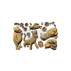 May include: A set of brown, textured figurines depicting characters from a children's story. The set includes a bear, tiger, rabbit, rhino, and a honey pot, with floral accents.
