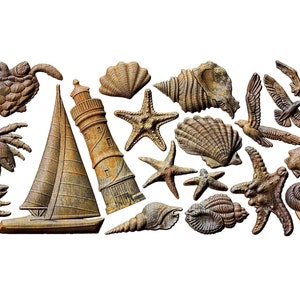 May include: A collection of 14 rustic brown and tan sea-themed figurines, including a sailboat, lighthouse, seagulls, starfish, seashells, and a crab.