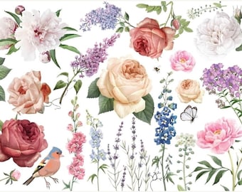 May include: A watercolor illustration of a variety of flowers, including pink peonies, white roses, purple lilacs, and blue delphiniums. A small bird is perched on a branch.