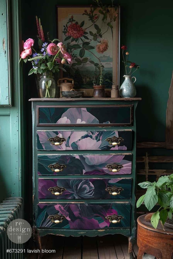 purple and green dresser The turquoise and purple color combo on this dresser from @click2restore is  so eye-catching! She used our colors Jade and Eggplant and then did some  beautiful blending and added a design transfer
