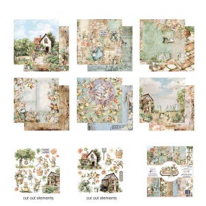 May include: A collection of decorative paper sheets featuring illustrations of rabbits, garden scenes, houses, greenhouses, and fruit trees. The set includes various patterned backgrounds and two pages of cut-out elements with the text Welcome Garden.